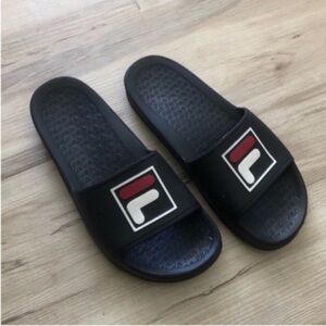 FILA Black Slide Sandals with Red & White Logo